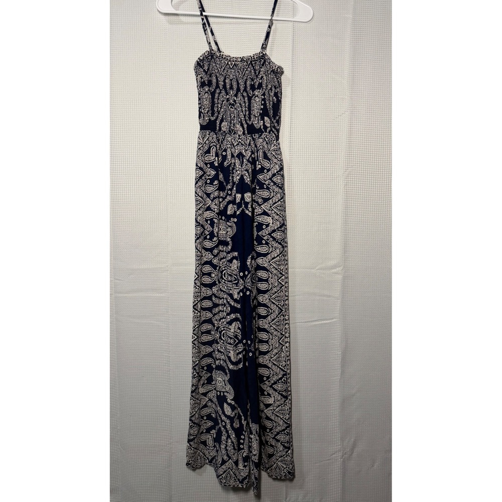 Angie‎ Paisley Print Jumpsuit S Navy Blue Wide Leg Smocked Lace-up Front